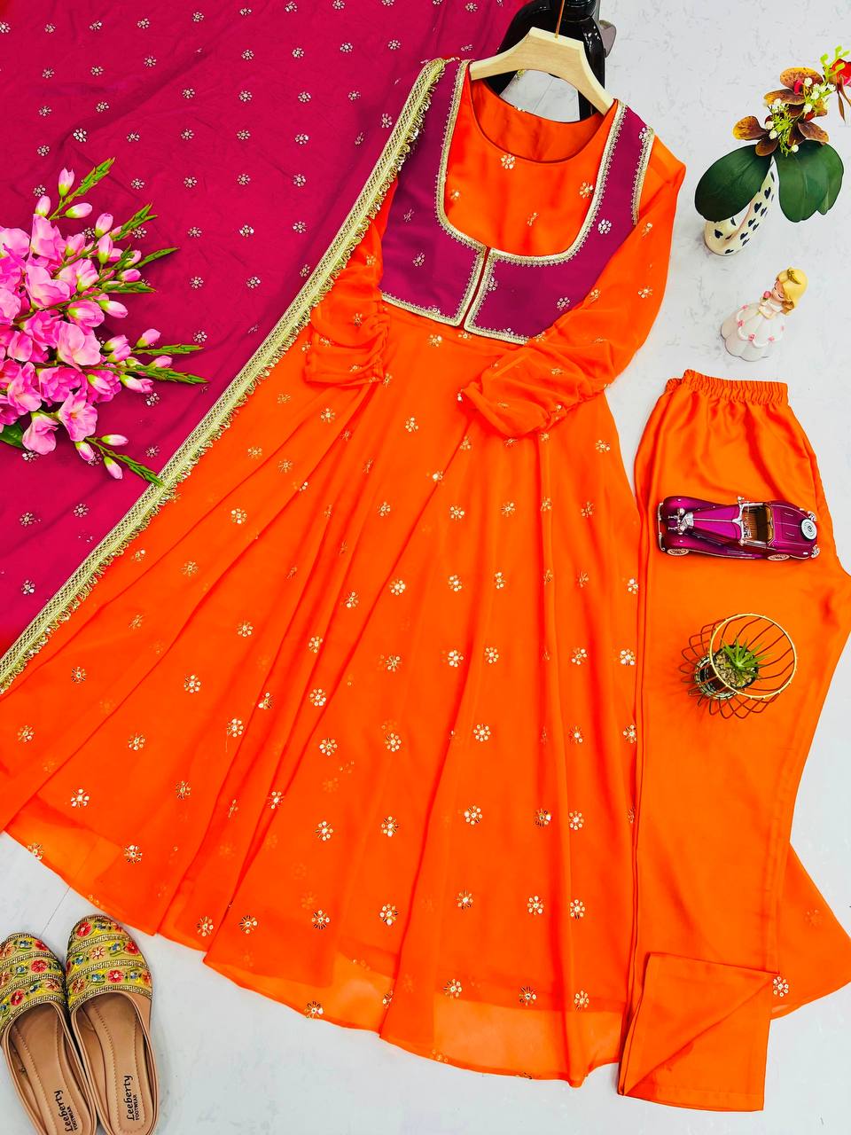 ✨ Elegant Anarkali Gown Set with Koti, Pant & Dupatta ✨