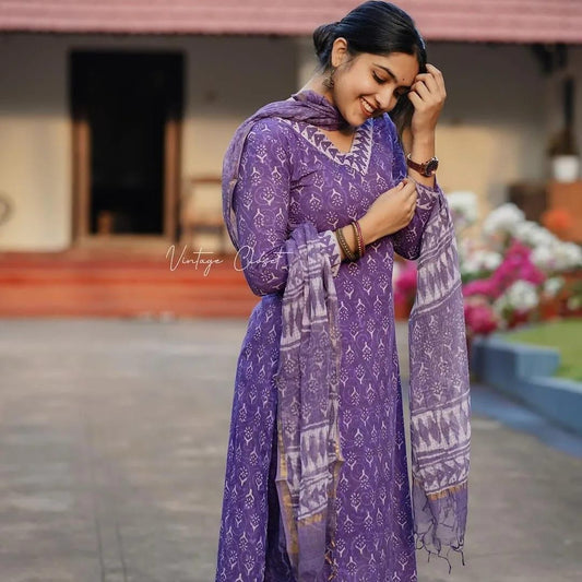 NEW PURPLE PURE COTTON KURTA PANT SET