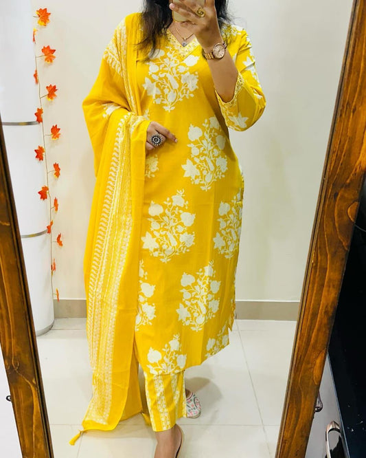 New Yellow Cotton Kurti Set with Dupatta
