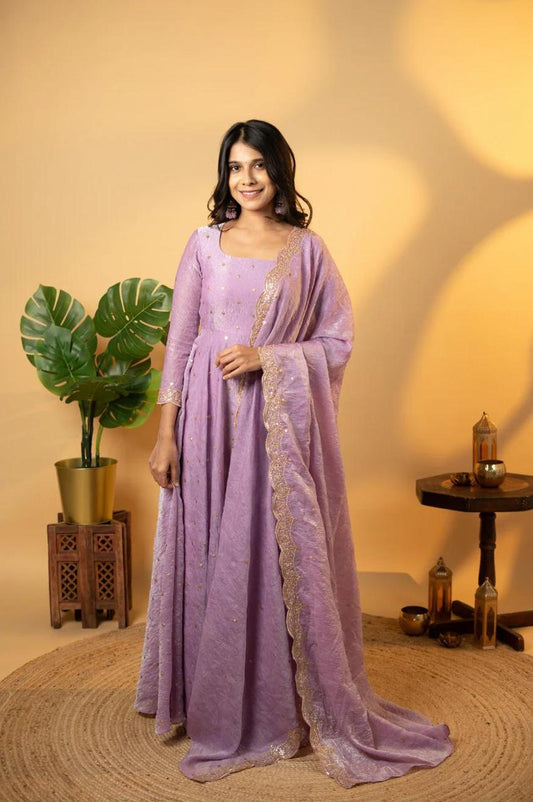 New Chinnon Anarkali with Embroidery & Border Dupatta