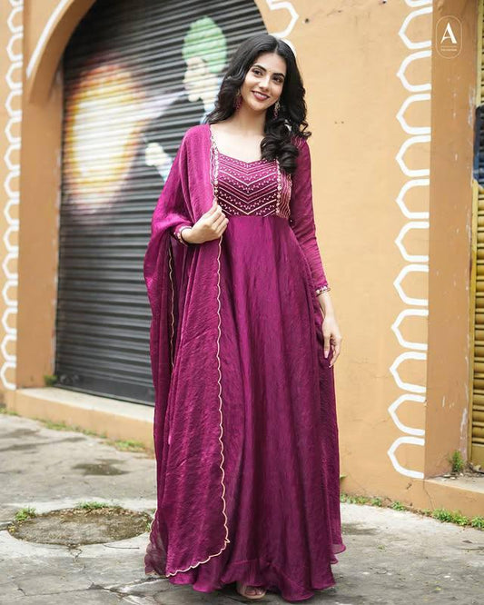 Beutiful Wine Embroidered Anarkali