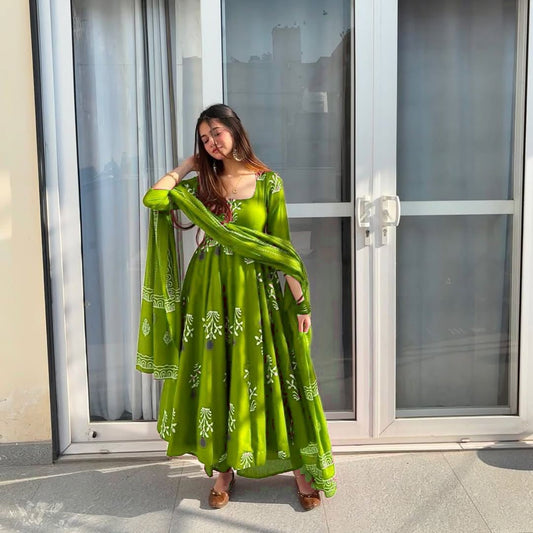 Floral Cotton Anarkali Set with Dupatta & Palazzo