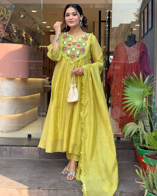 Premium Cotton Kurta Set with Mirror Work & Lace Dupatta