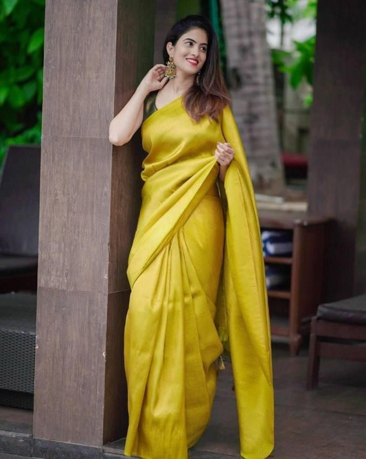 Elegant Gold Yellow Soft Lichi Silk Saree