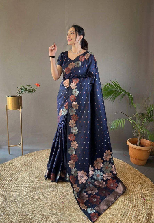 Navy Blue Floral Flower Printed Zari Soft Lichi Silk Saree