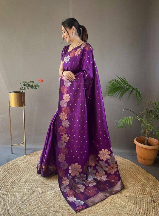Purple Floral Flower Printed Zari Soft Lichi Silk Saree