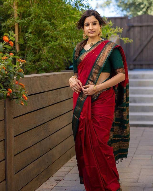 Red & Green Premium Soft Lichi Silk Saree