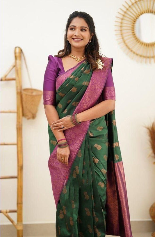 Green & Purple Soft Lichi Silk Saree With Jacquard Blouse Piece