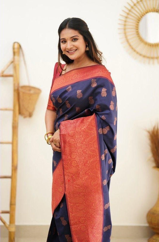 Navy Blue Latest Soft Lichi Silk Saree with Red Color Blouse and Copper Work