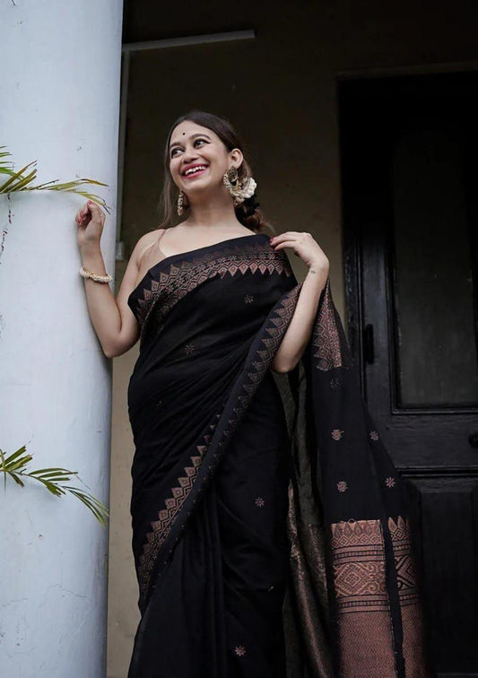 Marvellous Black Soft Lichi Silk Saree With Jacquard Blouse Piece