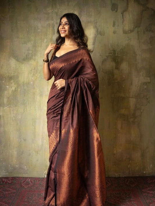 Blooming Brown Soft Silk Saree With Jacquard Blouse Piece