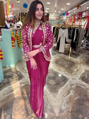 Super Trending Ready-to-Wear Embroidered Saree with Full Jacket & Belt – Effortless Glamour
