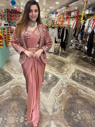 Super Trending Ready-to-Wear Embroidered Saree with Full Jacket & Belt – Effortless Glamour