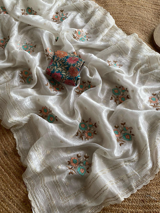 Crush Organza Saree with Sequin Weaving & Kalamkari Blouse