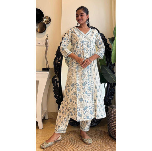 White-Grey Floral Afghani Suit Set