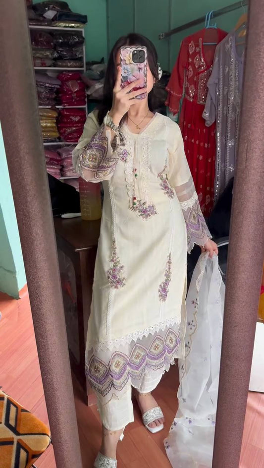 NEW EMBROIDERY WORK WHITE KURTA PANT WITH DUPATTA SET
