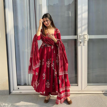 Floral Cotton Anarkali Set with Dupatta & Palazzo