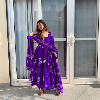 Floral Cotton Anarkali Set with Dupatta & Palazzo