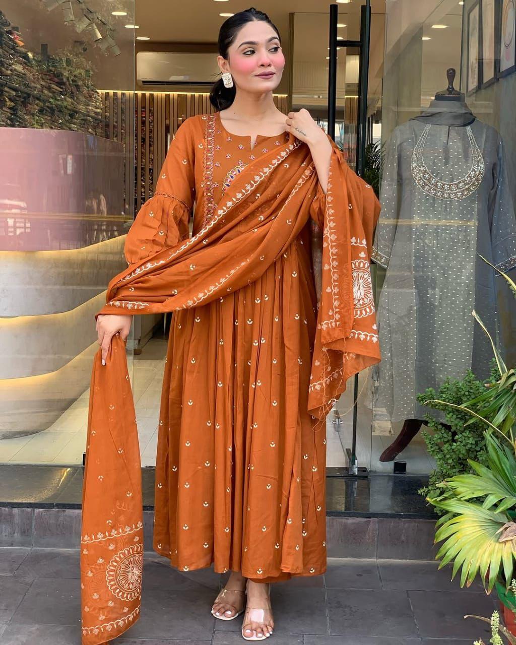 New Anarkali Kurta Set with Cotton Pant & Malmal Dupatta