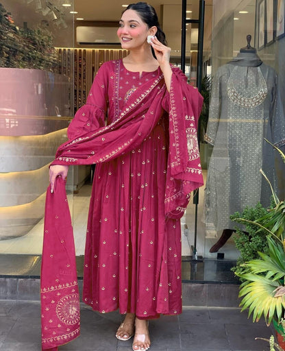 New Anarkali Kurta Set with Cotton Pant & Malmal Dupatta