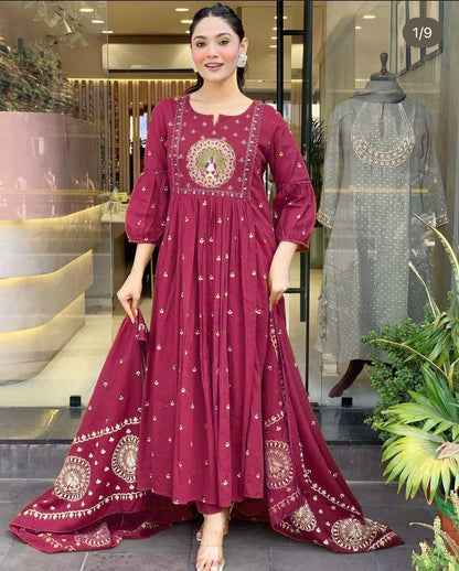 New Anarkali Kurta Set with Cotton Pant & Malmal Dupatta