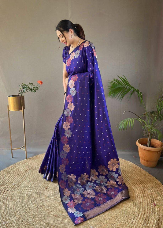 Blue Floral Flower Printed Zari Soft Lichi Silk Saree