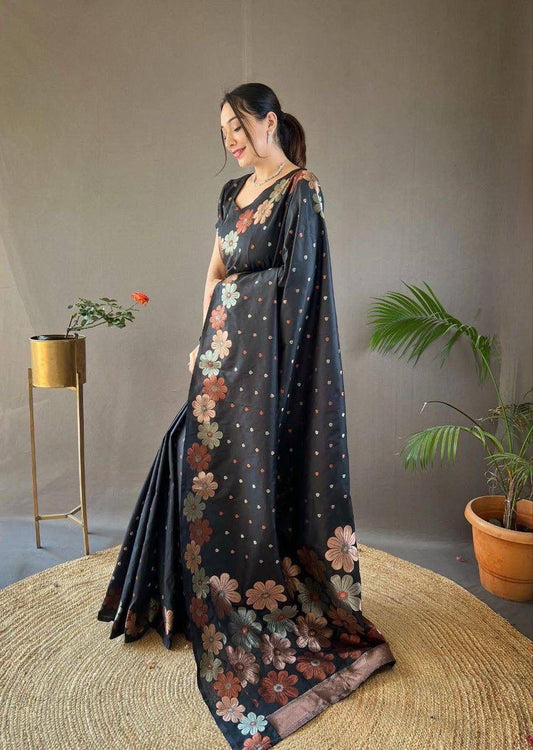 Grey Floral Flower Printed Zari Soft Lichi Silk Saree