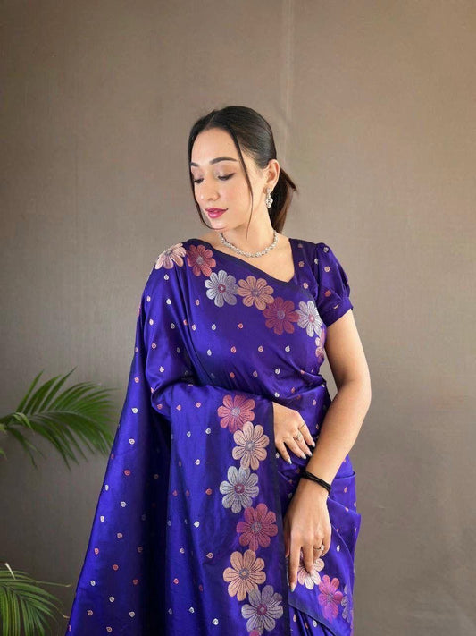 Blue Floral Flower Printed Zari Soft Lichi Silk Saree