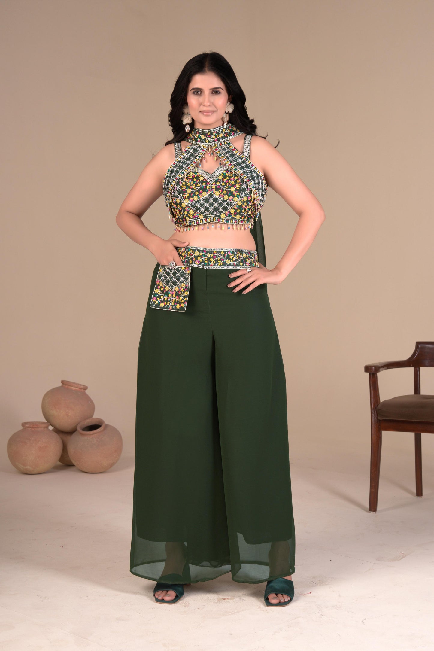 Geogatte Green Palazzo Blouse set