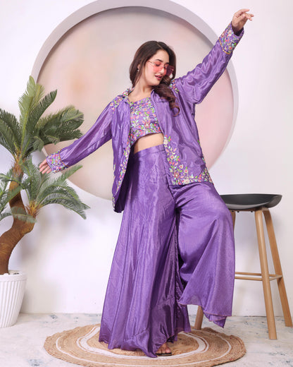Lavender Embroidered Co-ord Set three-piece co-ord set