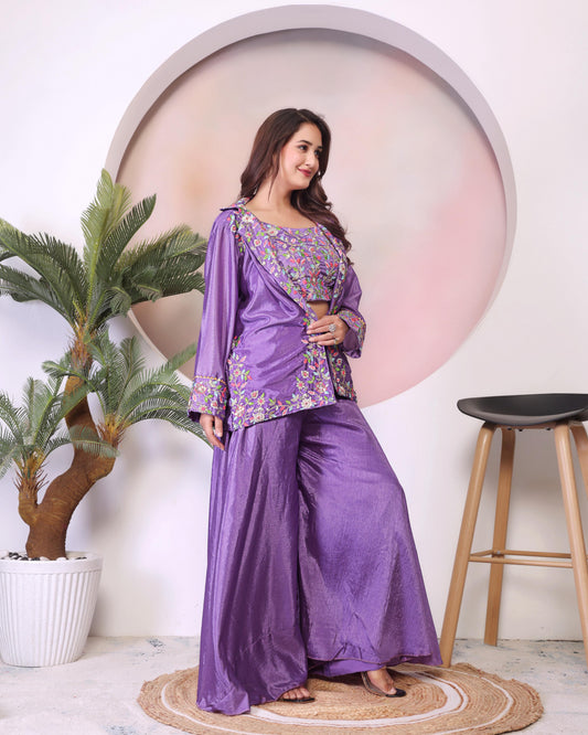 Lavender Embroidered Co-ord Set three-piece co-ord set