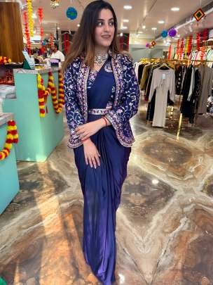 Super Trending Ready-to-Wear Embroidered Saree with Full Jacket & Belt – Effortless Glamour