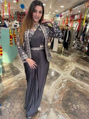 Super Trending Ready-to-Wear Embroidered Saree with Full Jacket & Belt – Effortless Glamour