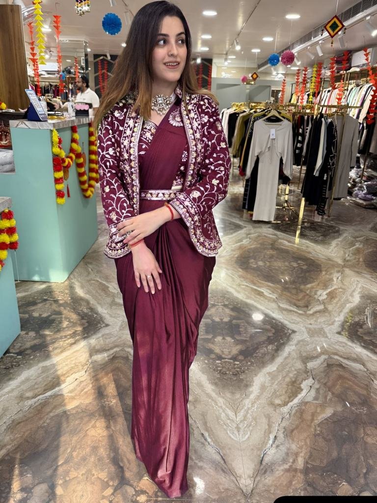 Super Trending Ready-to-Wear Embroidered Saree with Full Jacket & Belt – Effortless Glamour