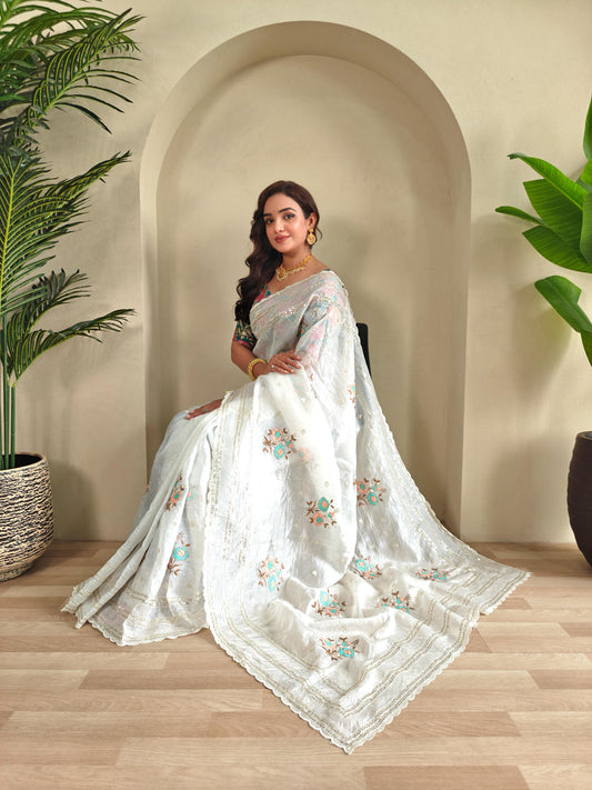 Crush Organza Saree with Sequin Weaving & Kalamkari Blouse