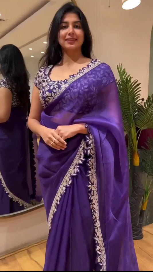 ✨Elegant Jimmy Choo Silk Saree with Designer Cutwork Border❤