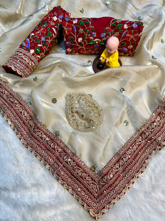 ✨Premium Jimmy Choo Embroidered Saree with Zari & Sequin Detailing✨