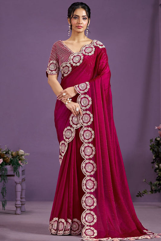 *Premium Fandy Satin Saree with Arco Cut Border & All-Over Embroidery*