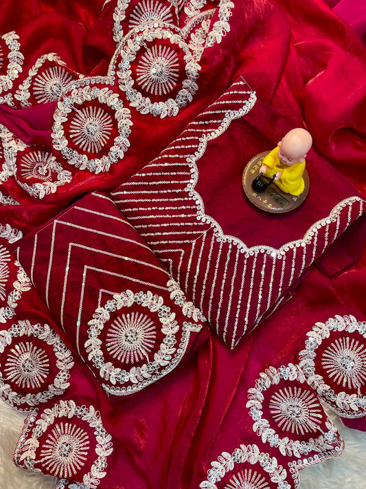 *Premium Fandy Satin Saree with Arco Cut Border & All-Over Embroidery*