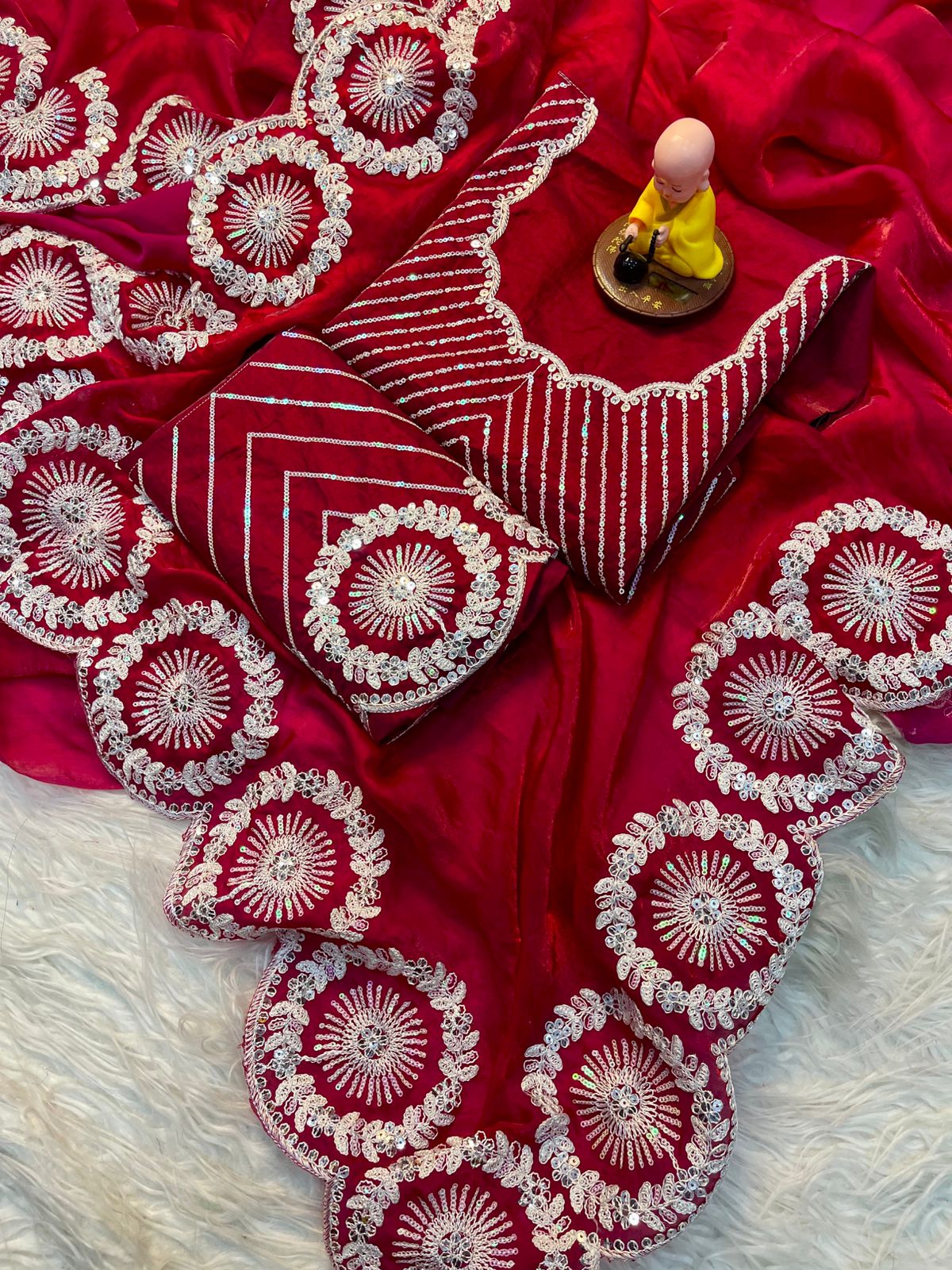 *Premium Fandy Satin Saree with Arco Cut Border & All-Over Embroidery*