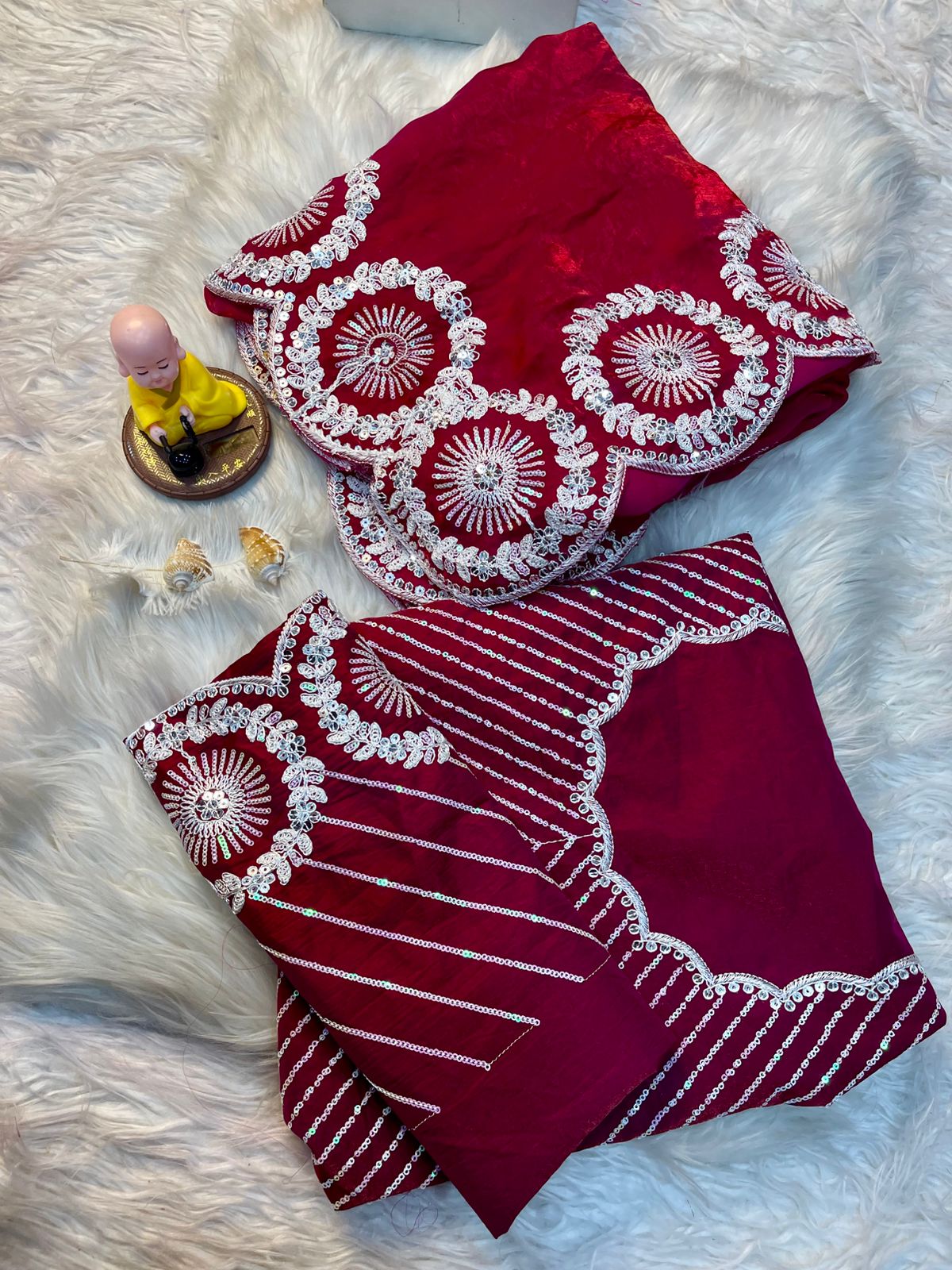 *Premium Fandy Satin Saree with Arco Cut Border & All-Over Embroidery*