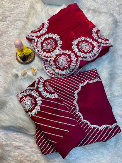 *Premium Fandy Satin Saree with Arco Cut Border & All-Over Embroidery*
