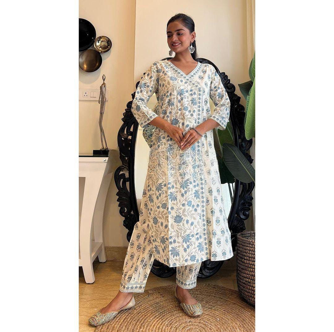 White-Grey Floral Afghani Suit Set