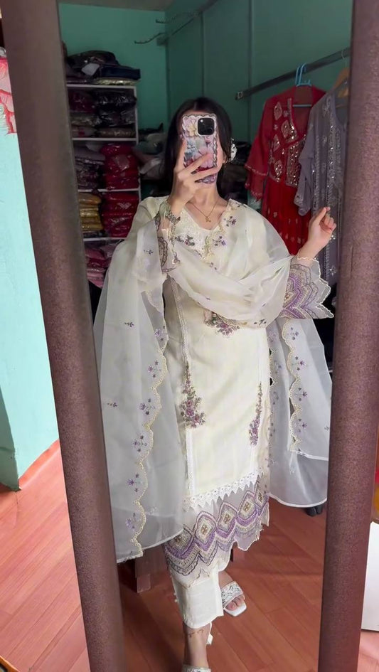 NEW EMBROIDERY WORK WHITE KURTA PANT WITH DUPATTA SET