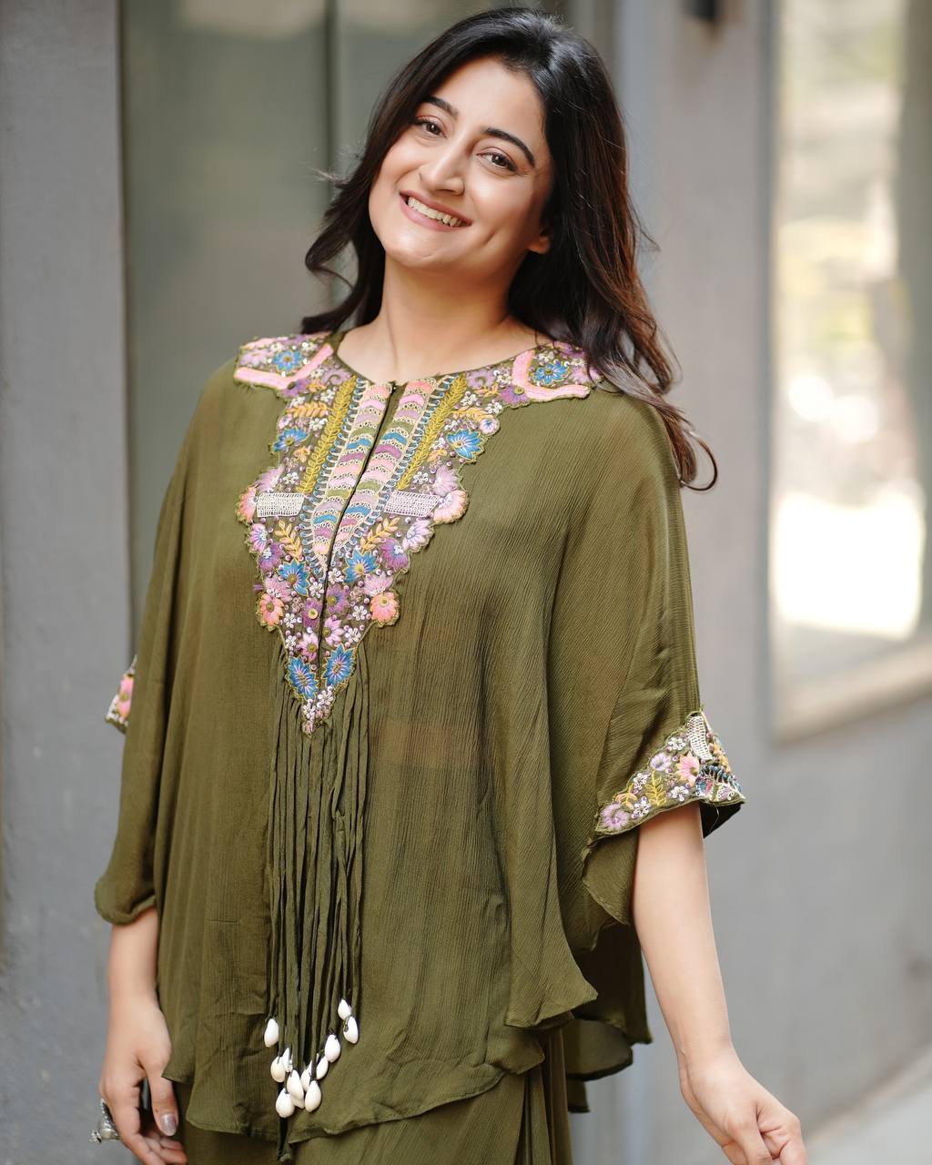 New Olive Green Chinon Embroidered Co-Ord Se