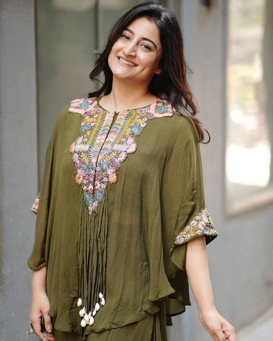 New Olive Green Chinon Embroidered Co-Ord Se