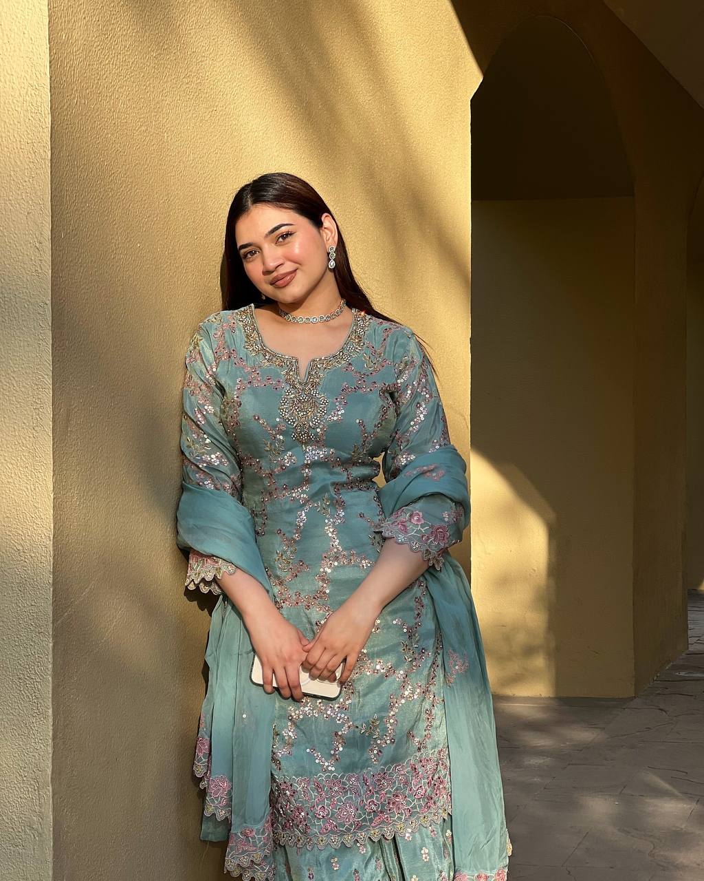 Elegant Chinon Embroidered Suit Set