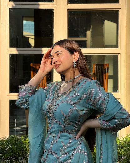 Elegant Chinon Embroidered Suit Set