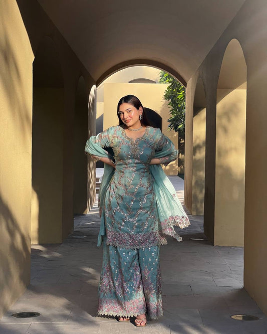 Elegant Chinon Embroidered Suit Set