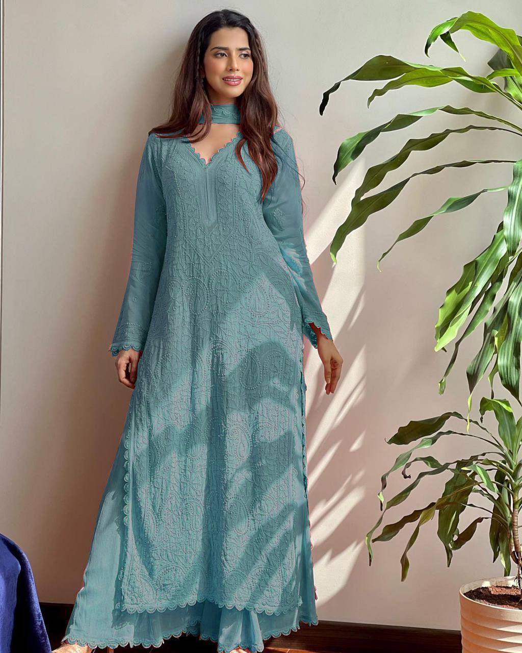 Designer Georgette Kurta Plazo Dupatta Set